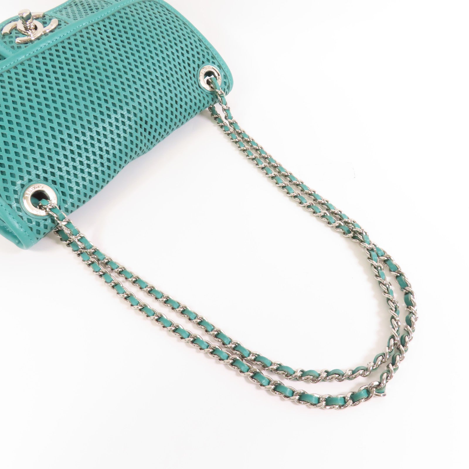 CHANEL 牛皮皮革Chain Shoulder銀扣鏈帶肩背袋綠色