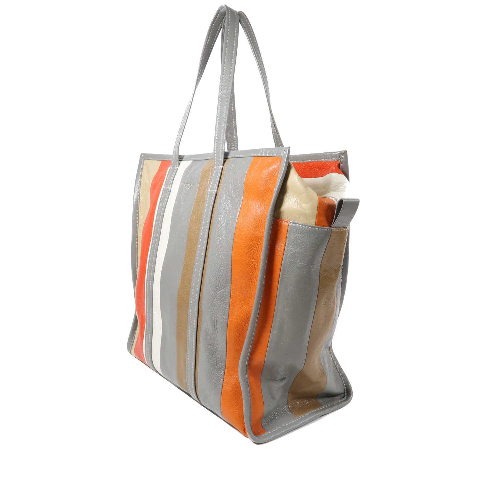 BALENCIAGA 羊皮皮革Bazar Shopper Tote Bag銀扣肩背袋銀色/橙色/啡色