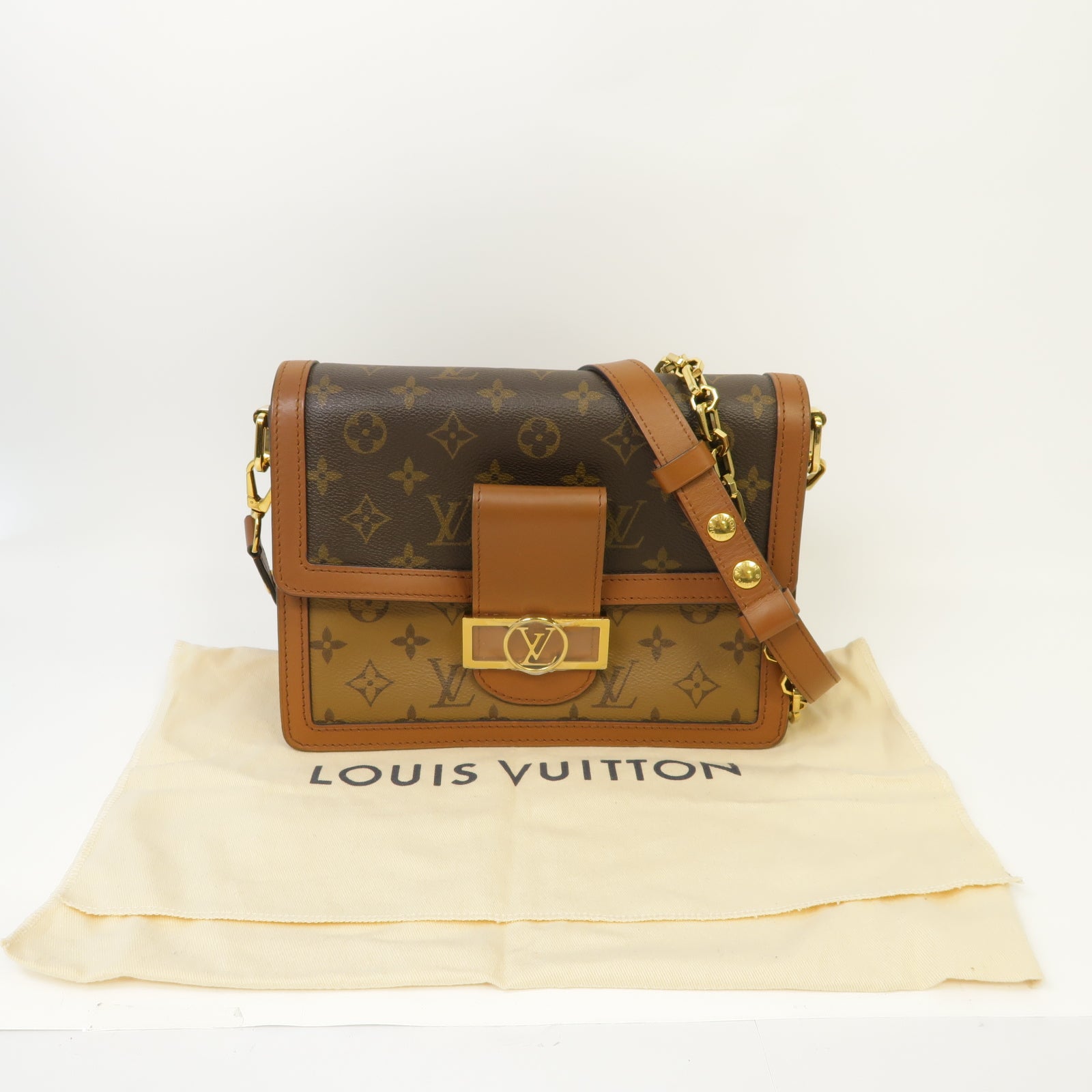 LOUIS VUITTON Monogram Reverse Dauphine金扣肩背袋棕色