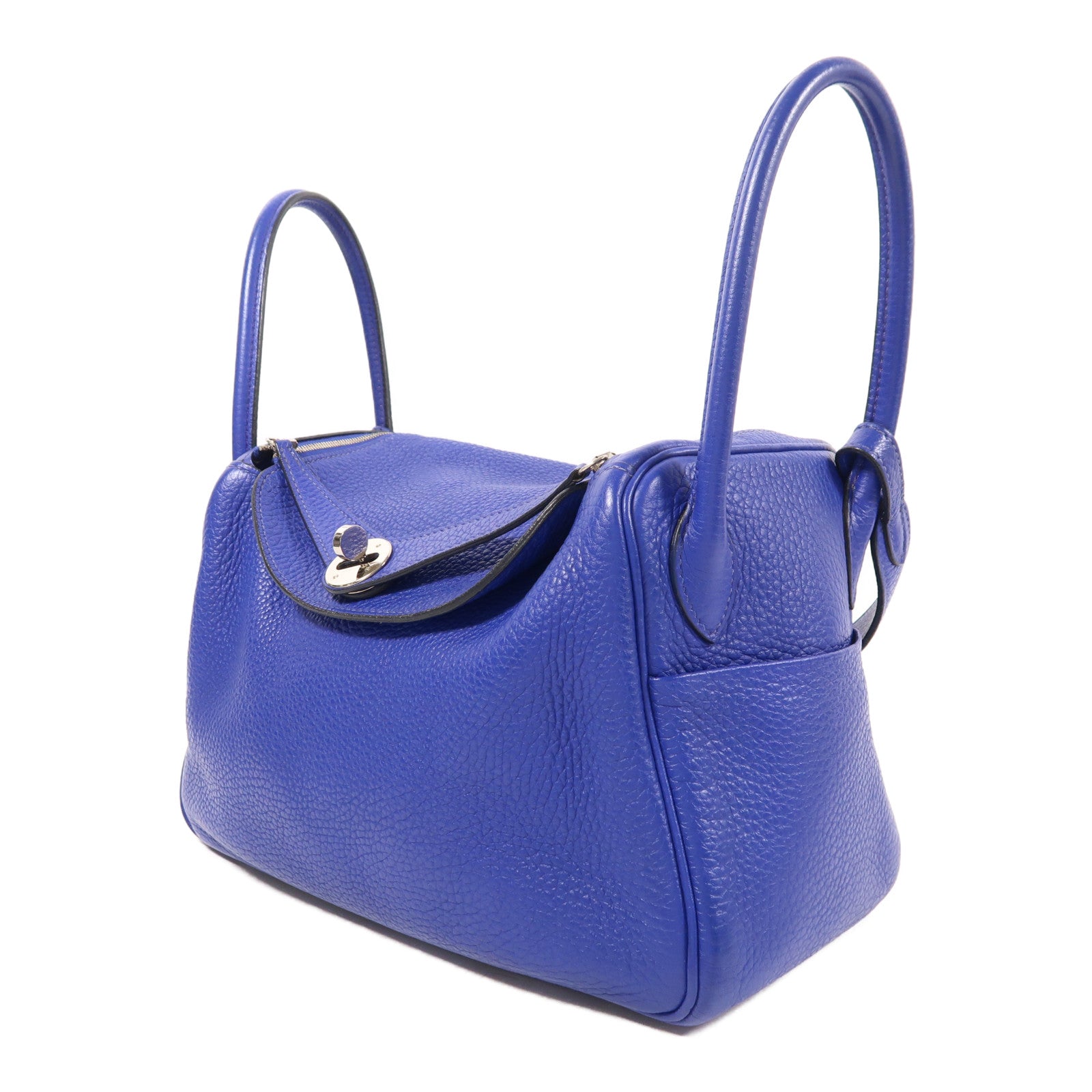 HERMES Clemence皮革Lindy 26銀扣手挽肩背兩用袋Bleu Electrique