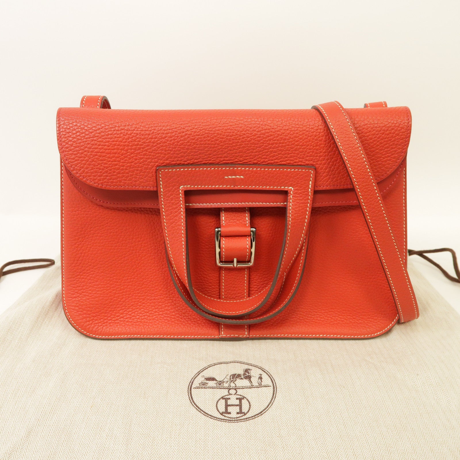 HERMES Clemence皮革Halzan 31銀扣手挽肩背兩用袋Rouge Tomate/蕃茄紅色