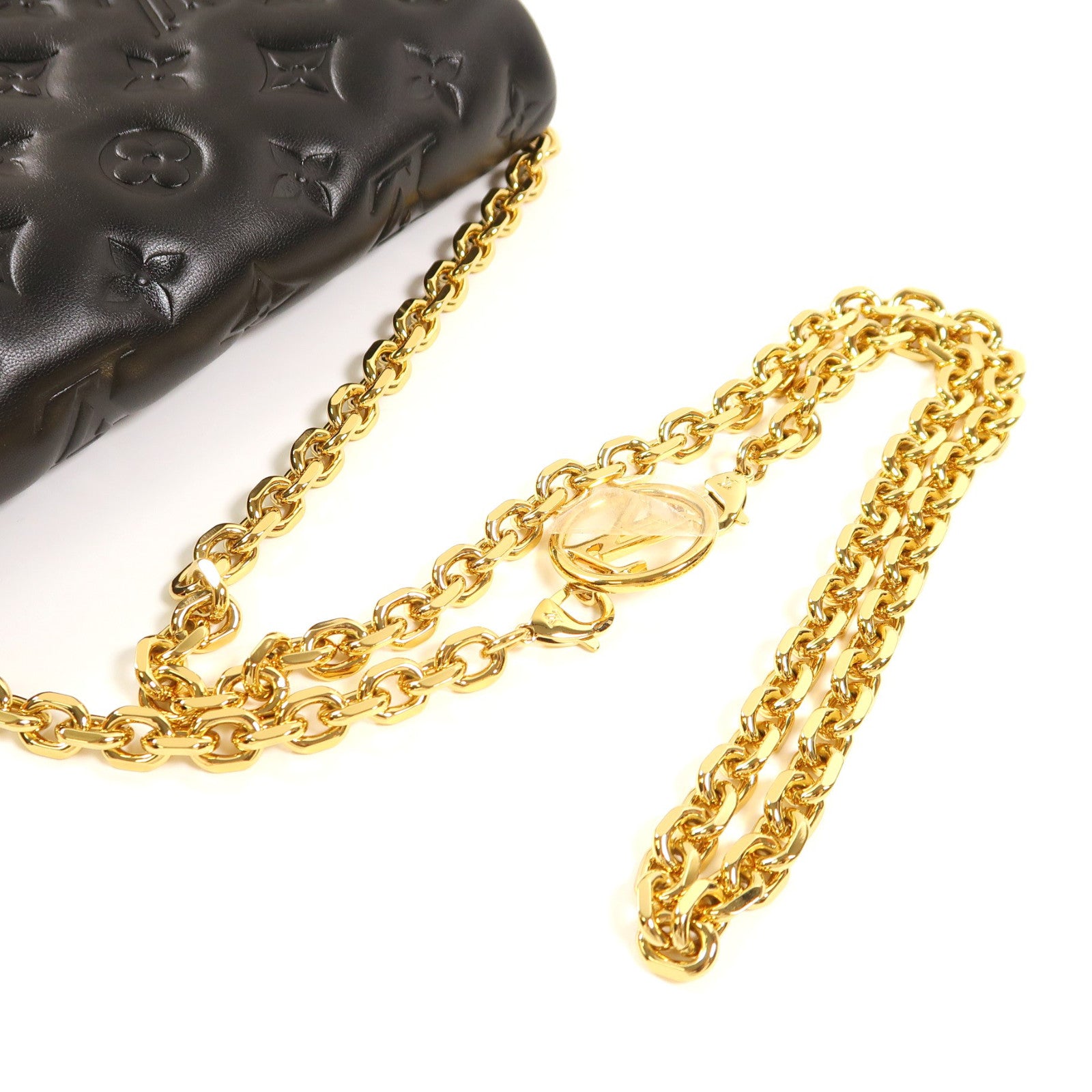 LOUIS VUITTON Monogram Embossed Pochette Coussin金扣鏈帶肩背袋黑色