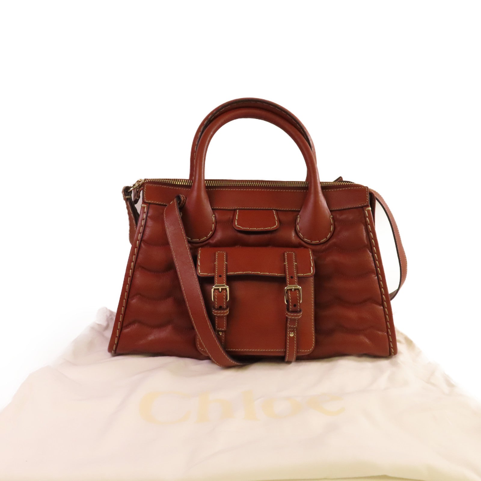 Chloe 【激減優惠】牛皮皮革Edith Satchel 2Way Shoulder Bag金扣手挽肩背兩用袋啡色