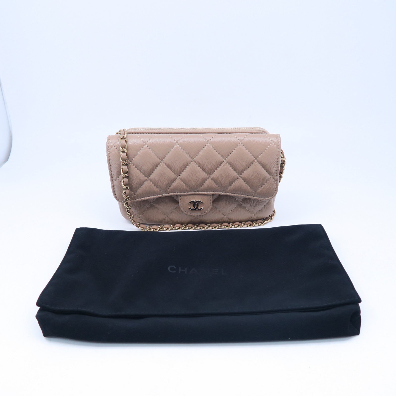 CHANEL 【激減優惠】Caviar皮革Phone Holder With Chain金扣鏈帶肩背袋奶茶色