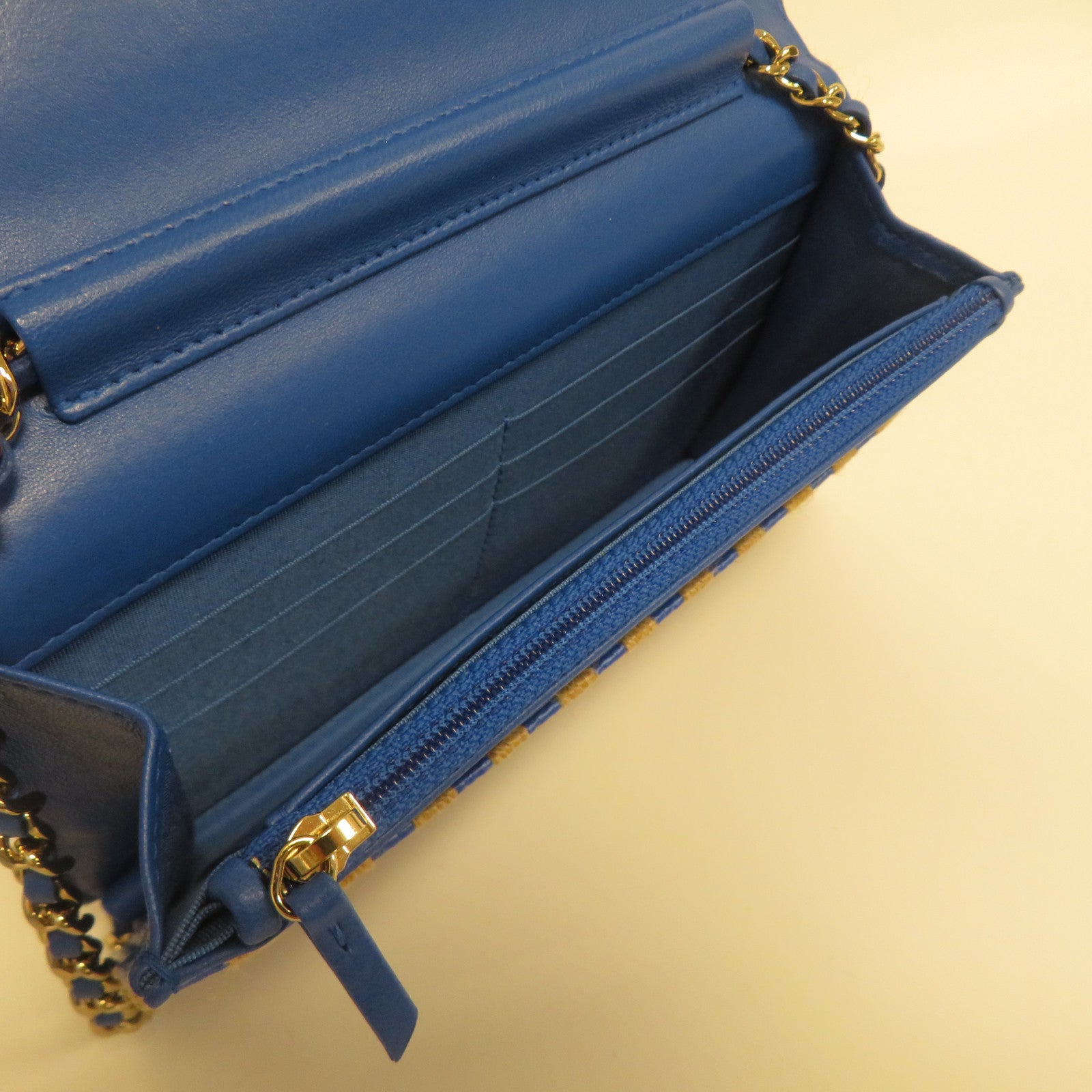 CHANEL 【激減優惠】麻質/皮革Wallet On Chain金扣鏈帶肩背袋米色/藍色