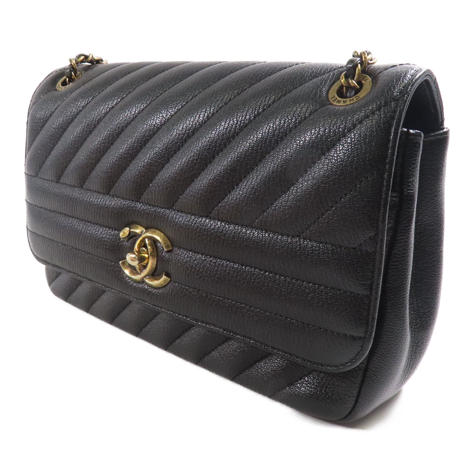 CHANEL CC Diagonal Quilted Flap Shoulder Bag A93231 Calfskin Leather Black