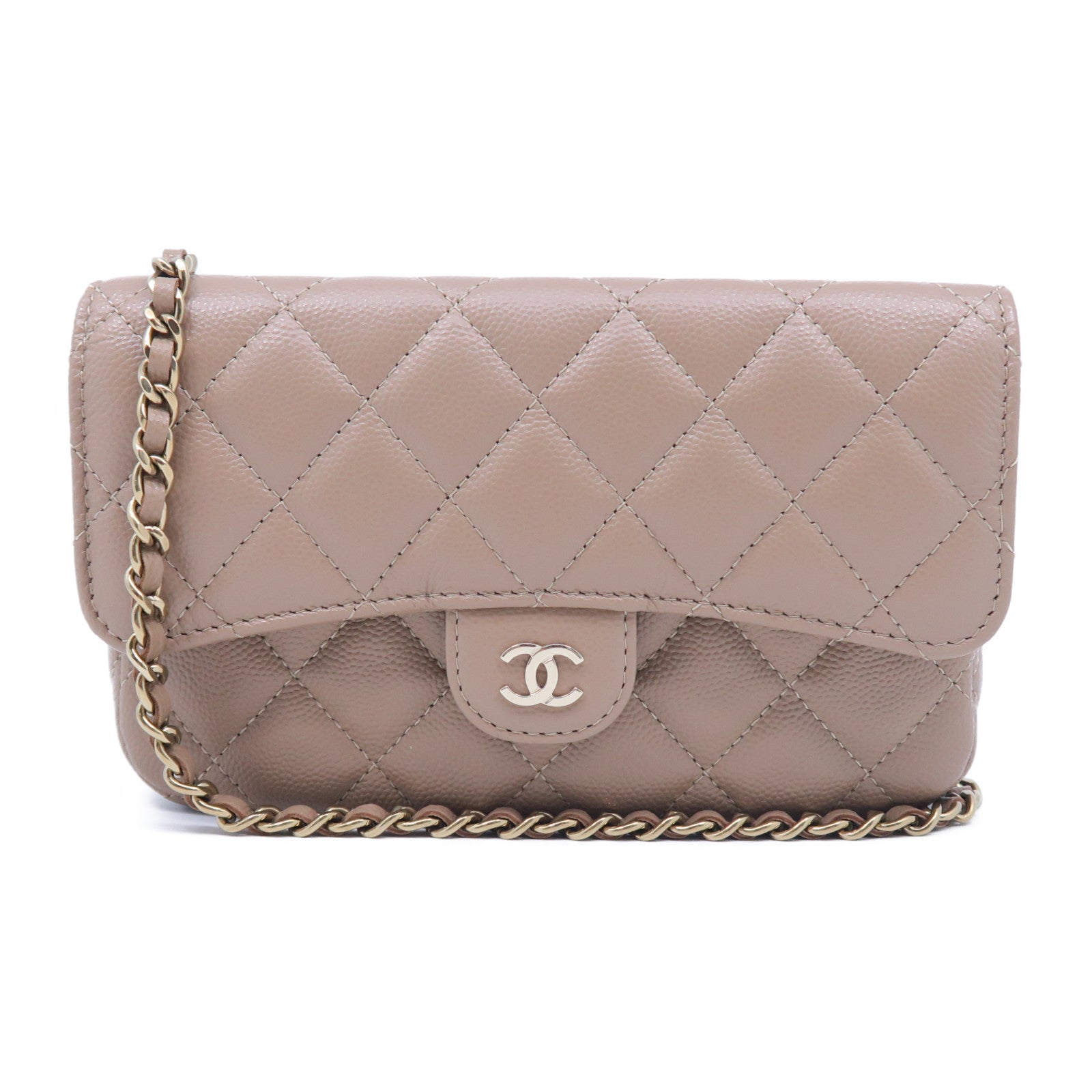CHANEL 【激減優惠】Caviar皮革Phone Holder With Chain金扣鏈帶肩背袋奶茶色