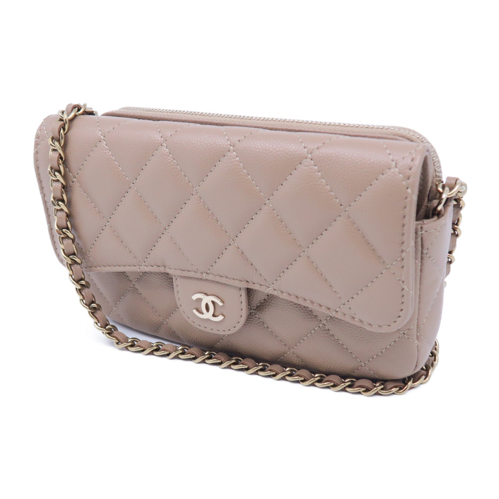 CHANEL 【激減優惠】Caviar皮革Phone Holder With Chain金扣鏈帶肩背袋奶茶色