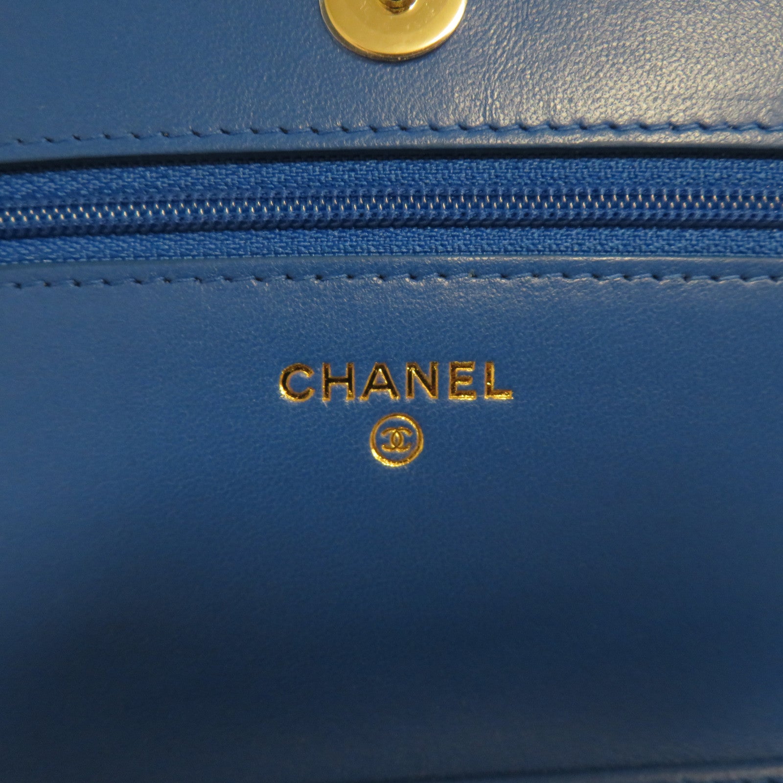 CHANEL 【激減優惠】麻質/皮革Wallet On Chain金扣鏈帶肩背袋米色/藍色