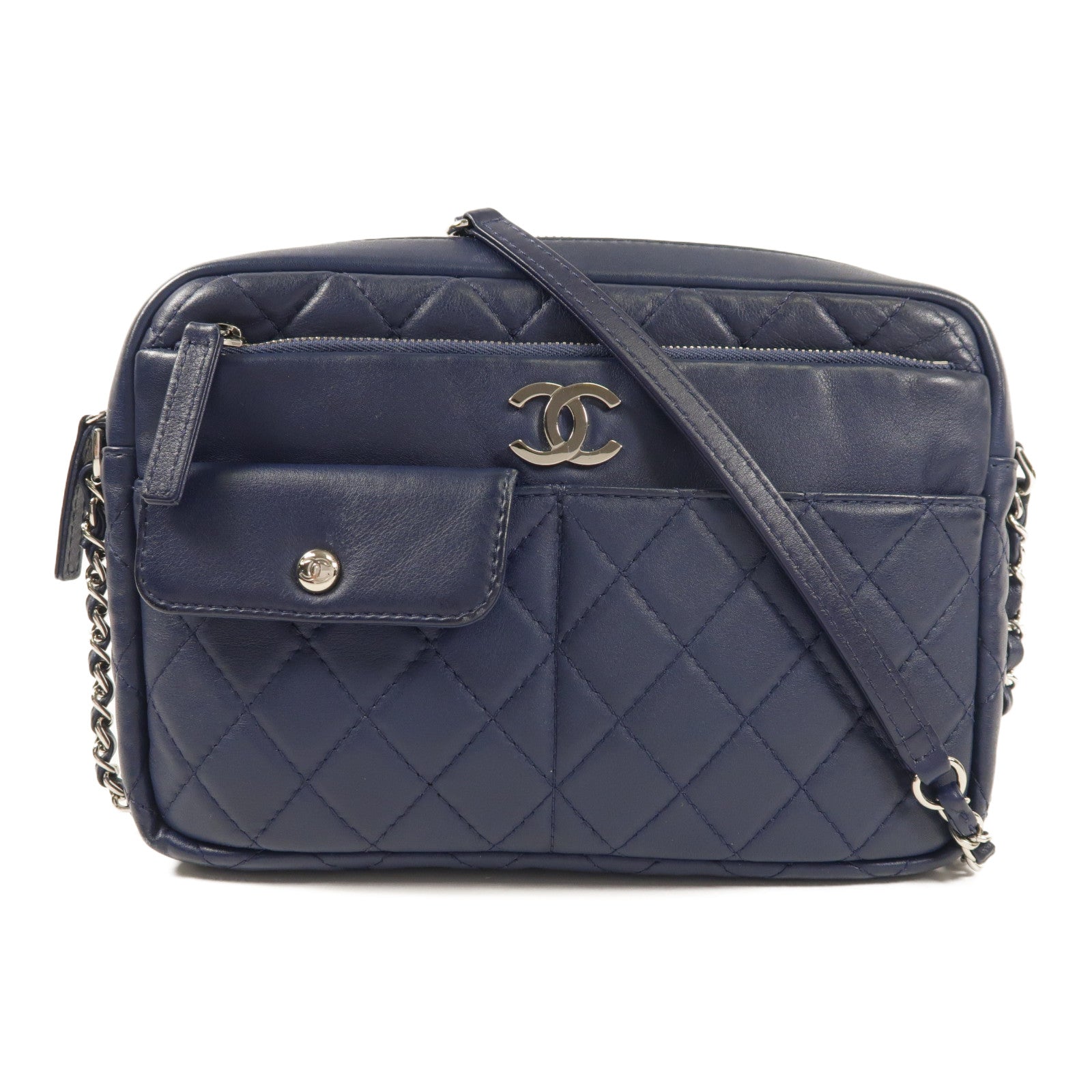 CHANEL CC SHW Chain Shoulder Bag Lambskin Leather Navy
