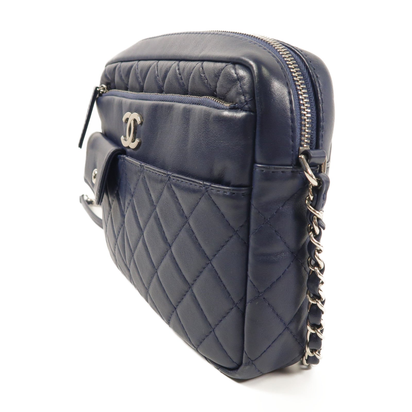 CHANEL CC SHW Chain Shoulder Bag Lambskin Leather Navy