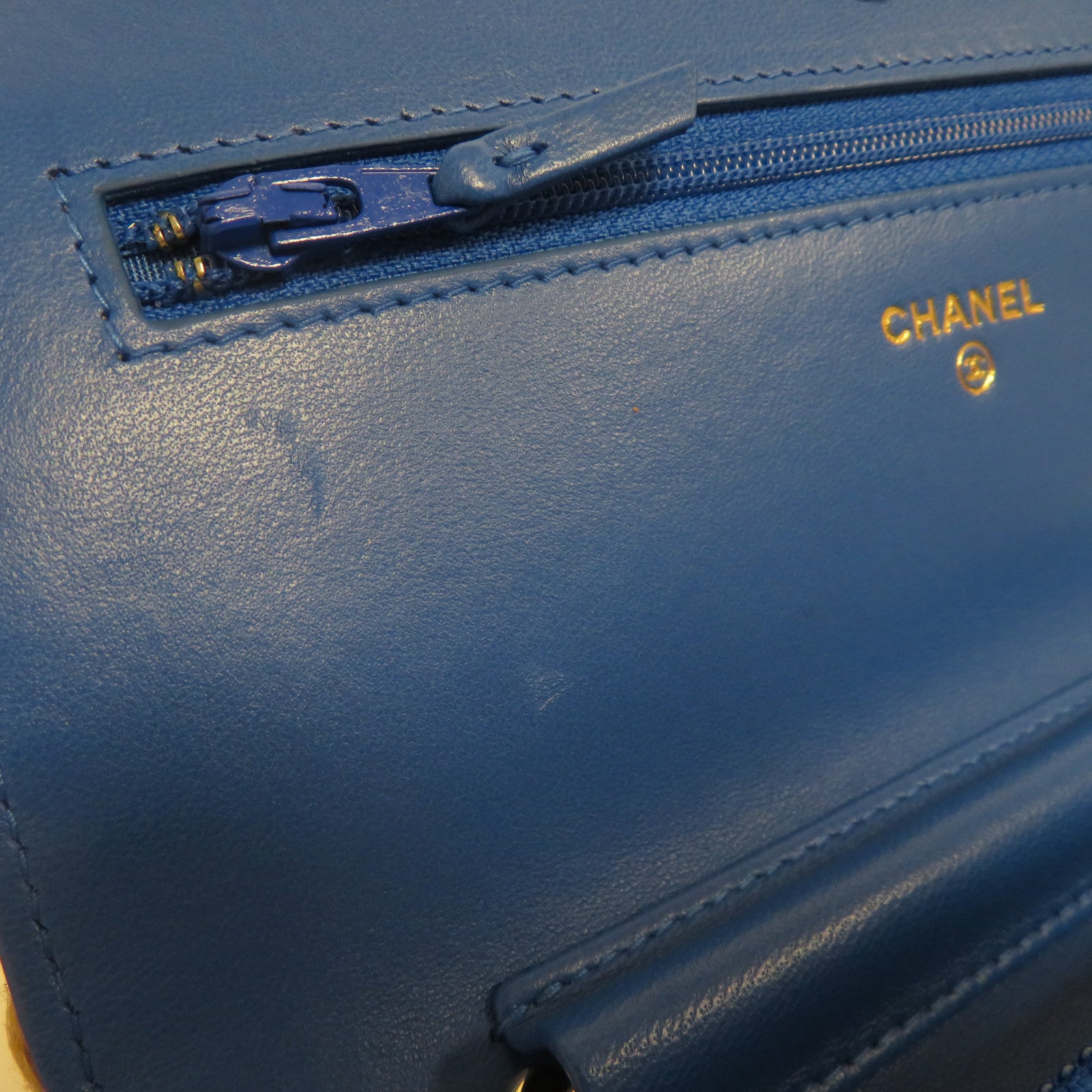 CHANEL 【激減優惠】麻質/皮革Wallet On Chain金扣鏈帶肩背袋米色/藍色