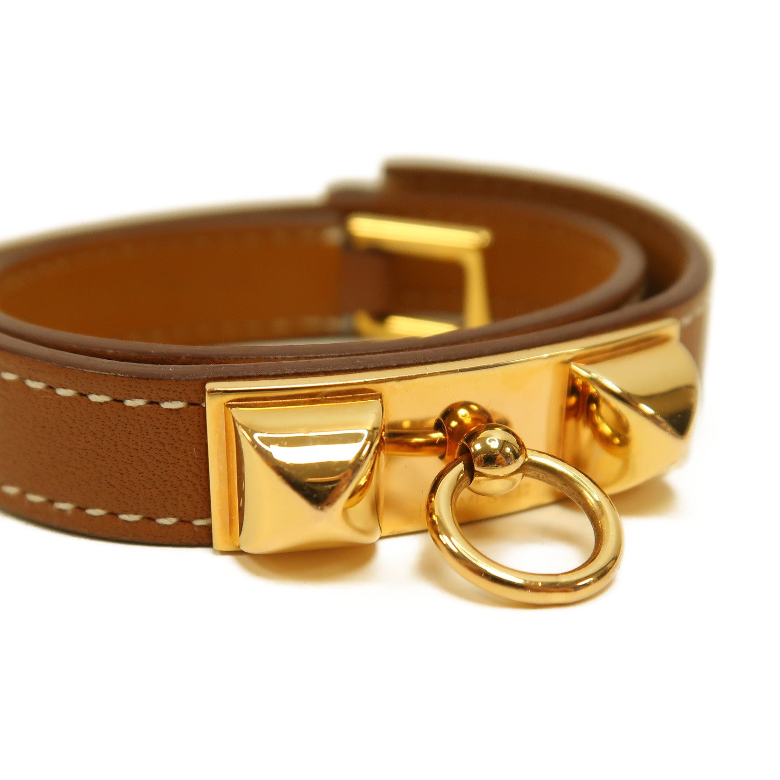 HERMES Swift皮革Rivale Double Tour金扣手鐲Gold/金棕色