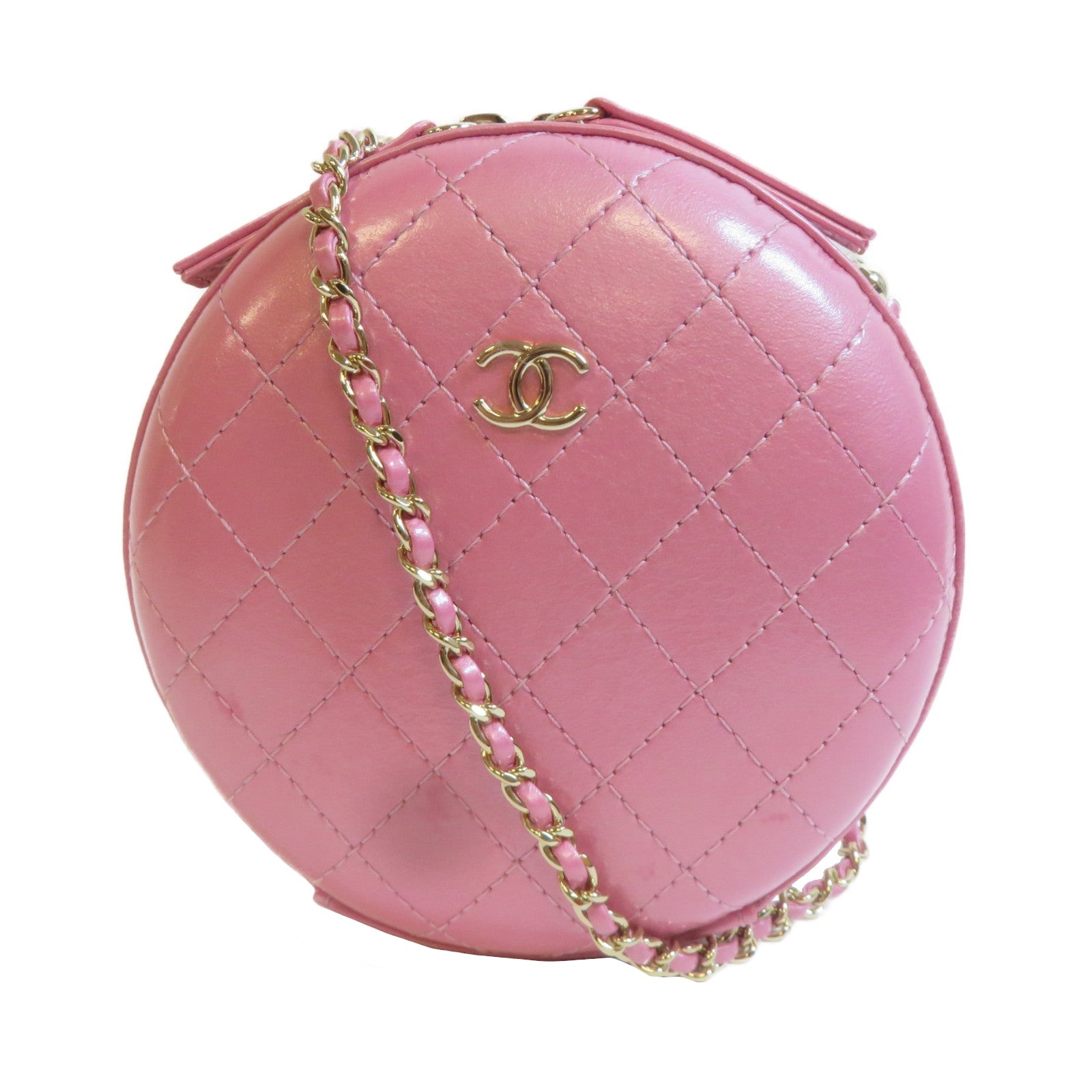 CHANEL **【激減優惠】菱格牛皮皮革Chain Shoulder金扣鏈帶肩背袋粉紅色