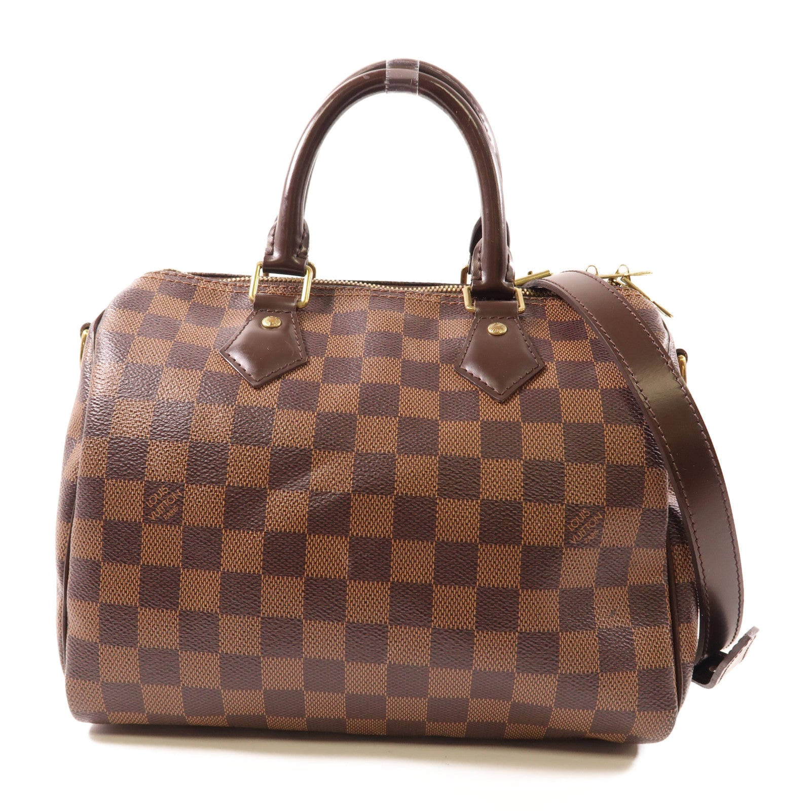 LOUIS VUITTON Damier Speedy Bandouliere 25金扣手挽肩背兩用袋棕色