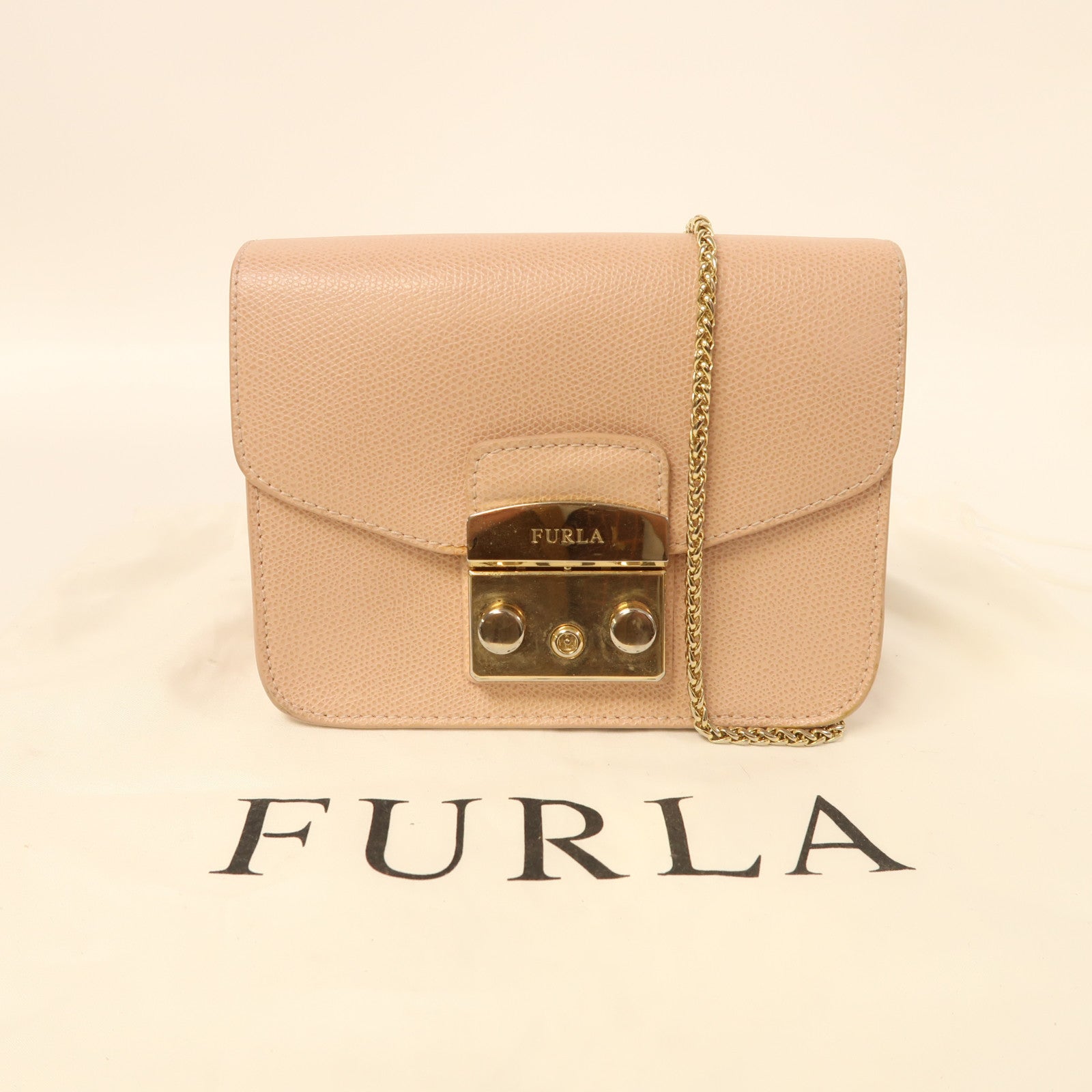 Furla 牛皮皮革Chain Shoulder金扣鏈帶肩背袋粉紅色