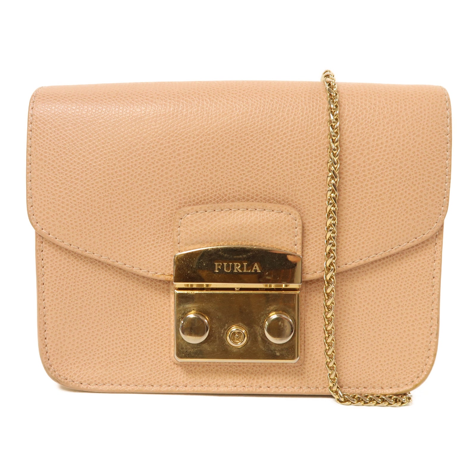 Furla 牛皮皮革Chain Shoulder金扣鏈帶肩背袋粉紅色
