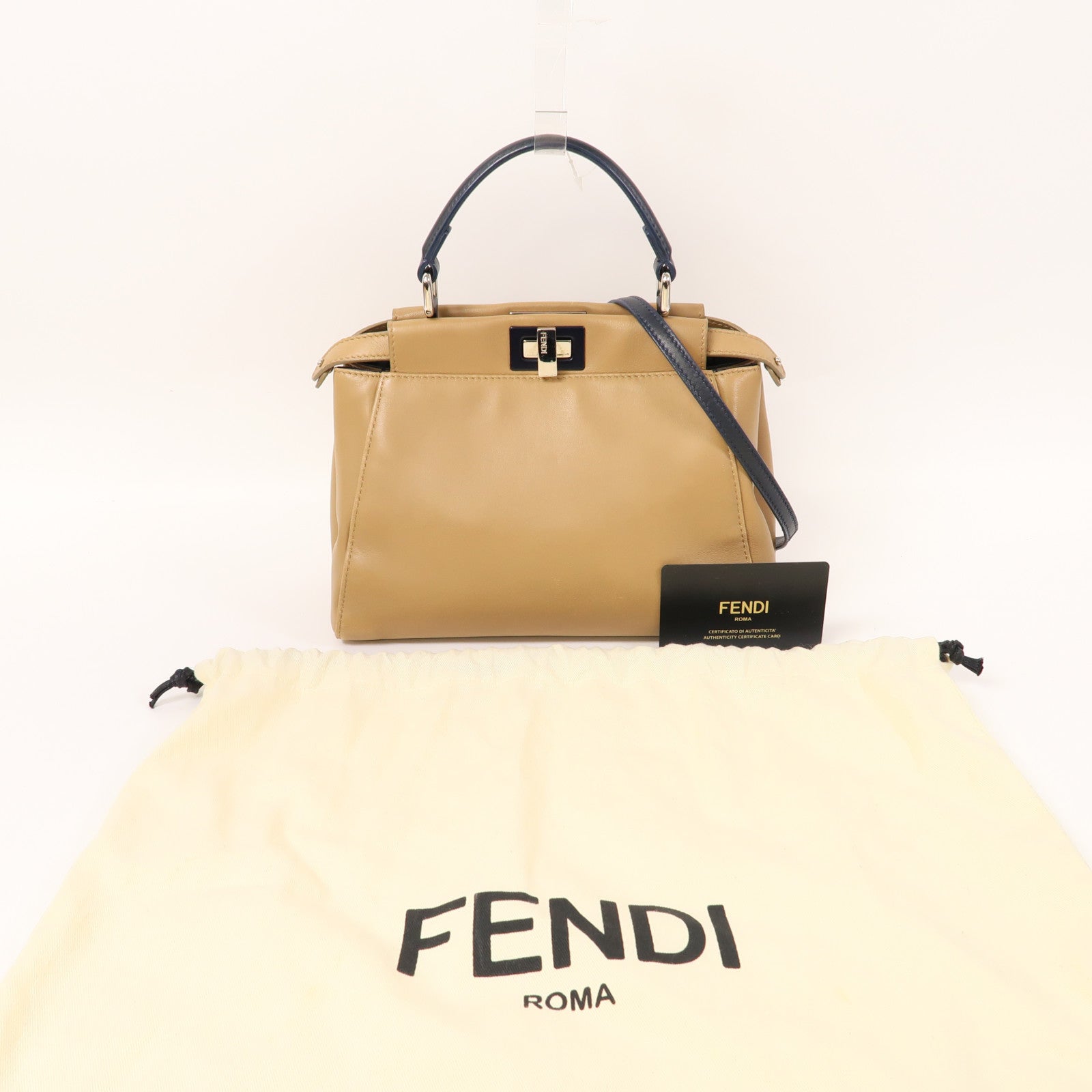 FENDI 羊皮皮革2 Way Shoulder銀扣手挽肩背兩用袋米色/藍色