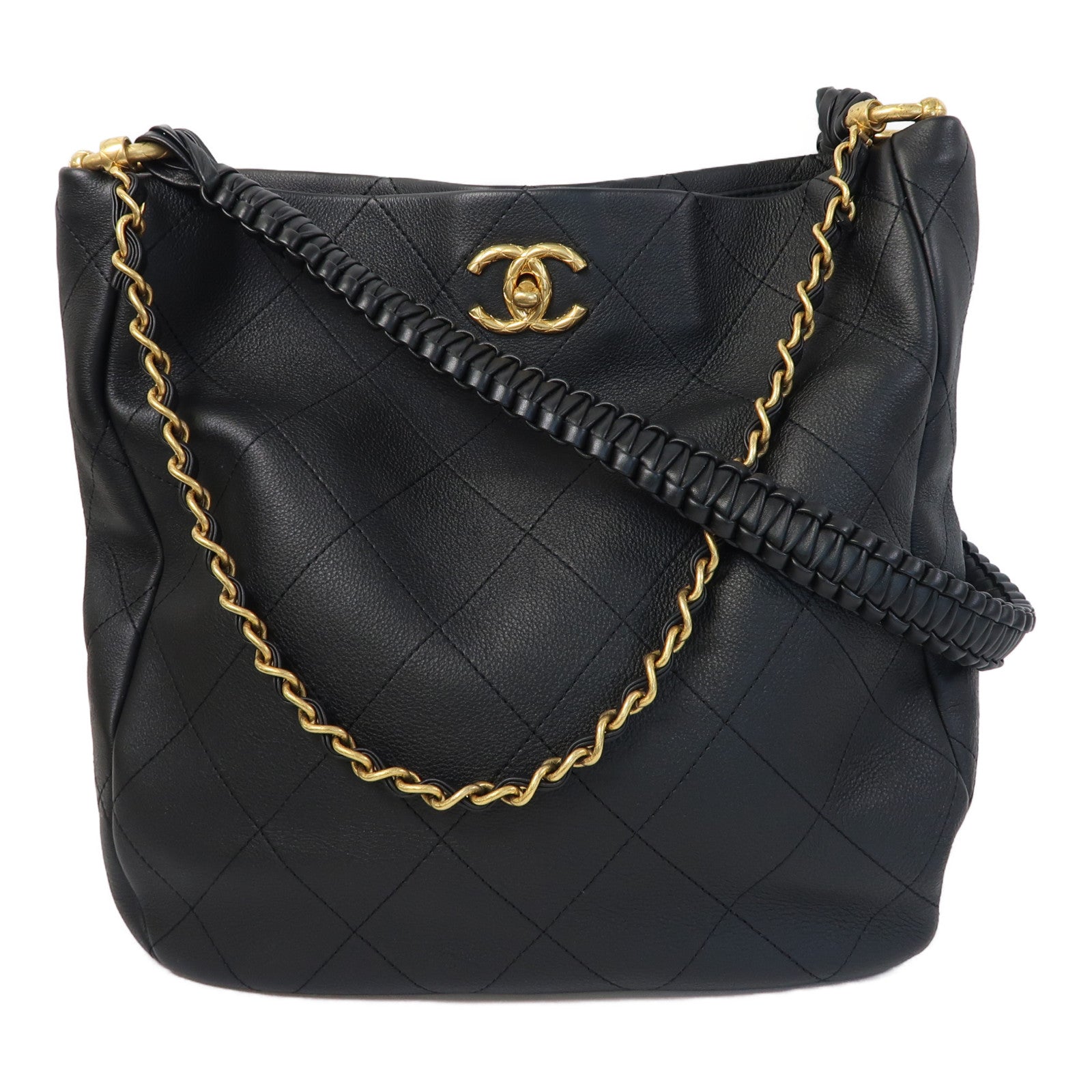 CHANEL 菱格牛皮皮革Chain Shoulder金扣肩背袋黑色