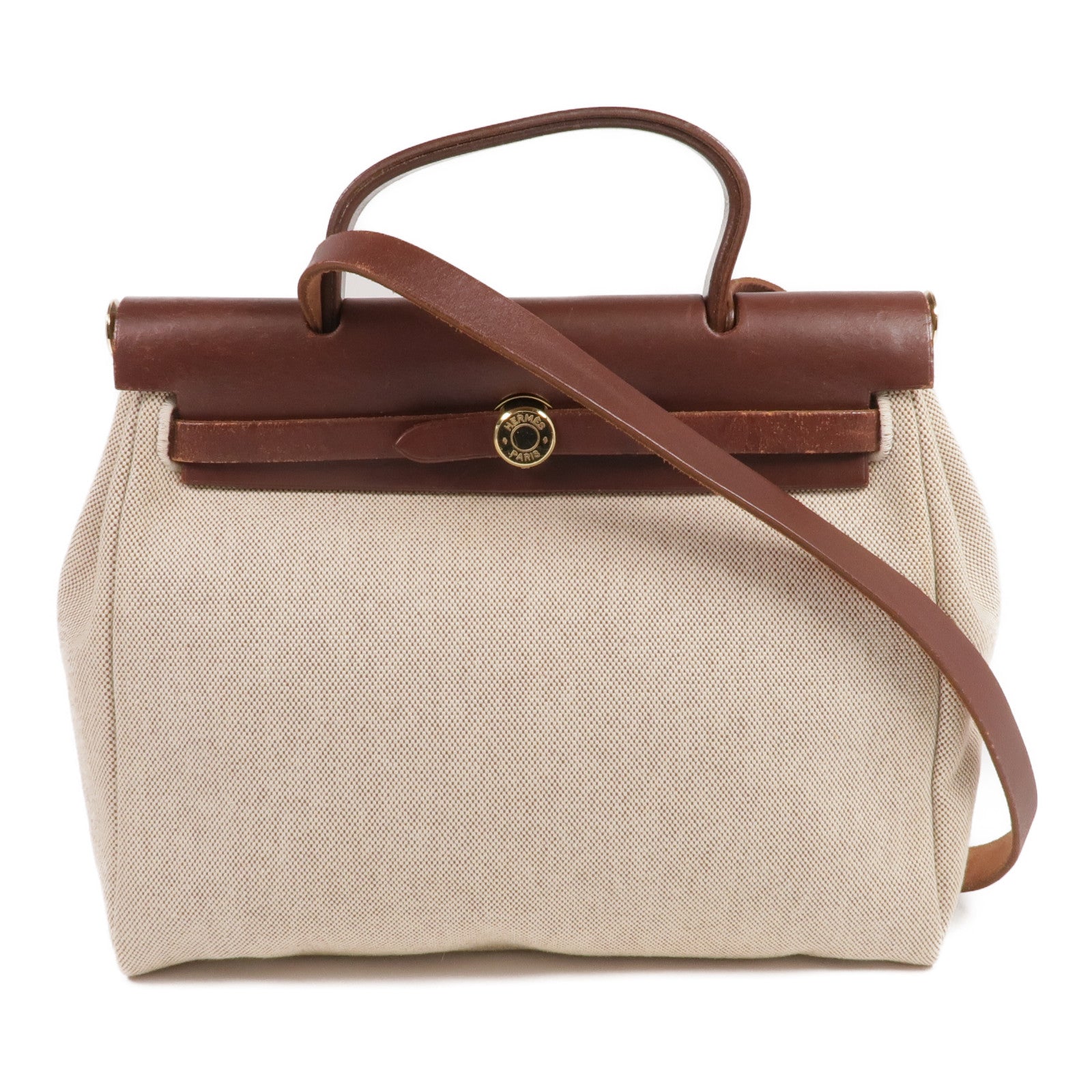 HERMES Toile H帆布/皮革Herbag PM金扣手挽肩背兩用袋