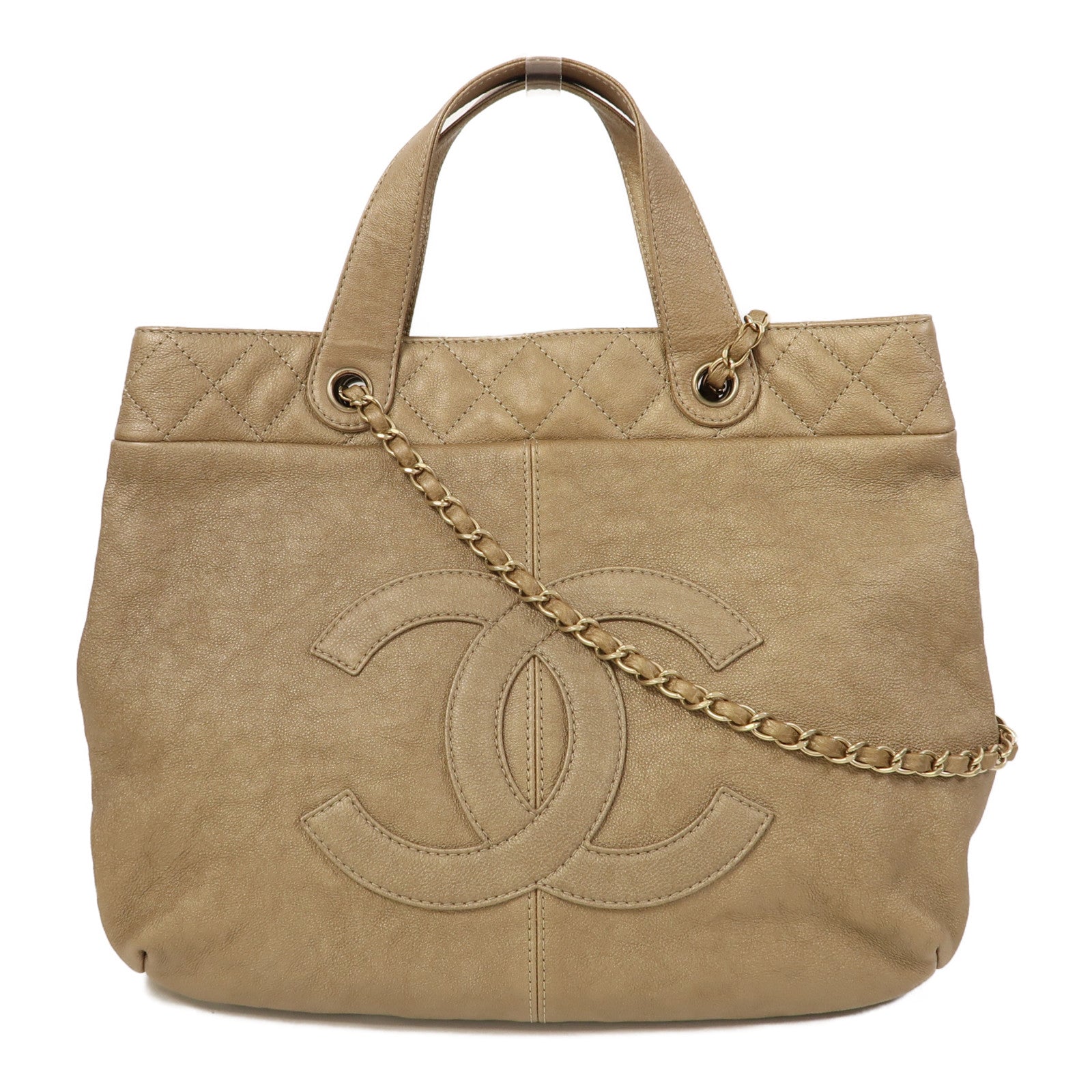 CHANEL Caviar皮革Chain Shoulder金扣手挽肩背兩用袋金色