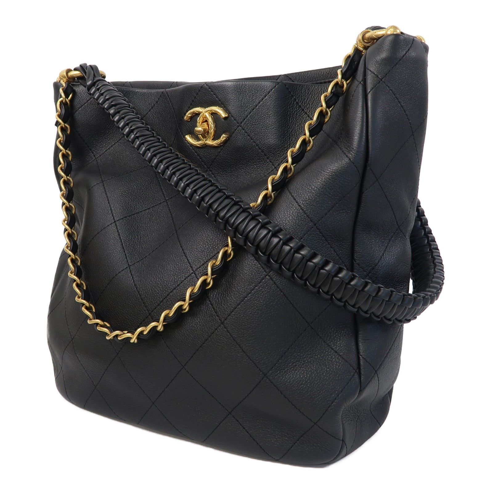 CHANEL 菱格牛皮皮革Chain Shoulder金扣肩背袋黑色