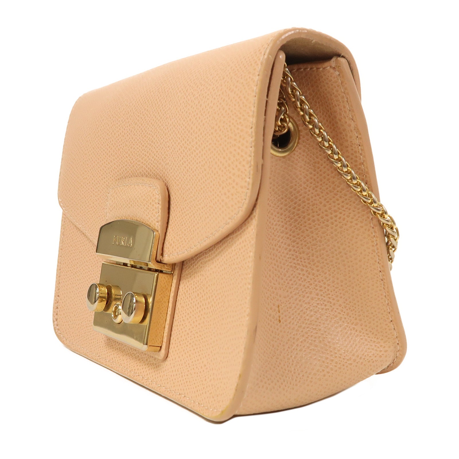 Furla 牛皮皮革Chain Shoulder金扣鏈帶肩背袋粉紅色