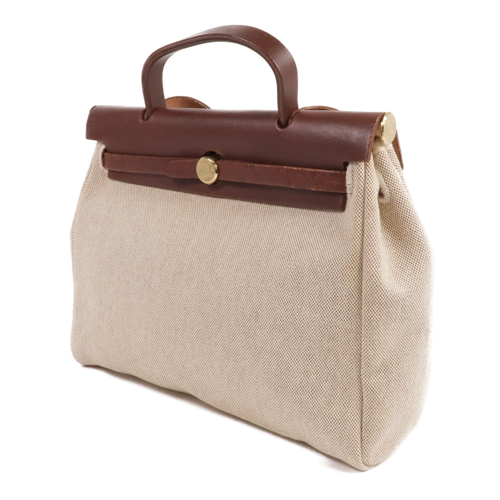 HERMES Toile H帆布/皮革Herbag PM金扣手挽肩背兩用袋