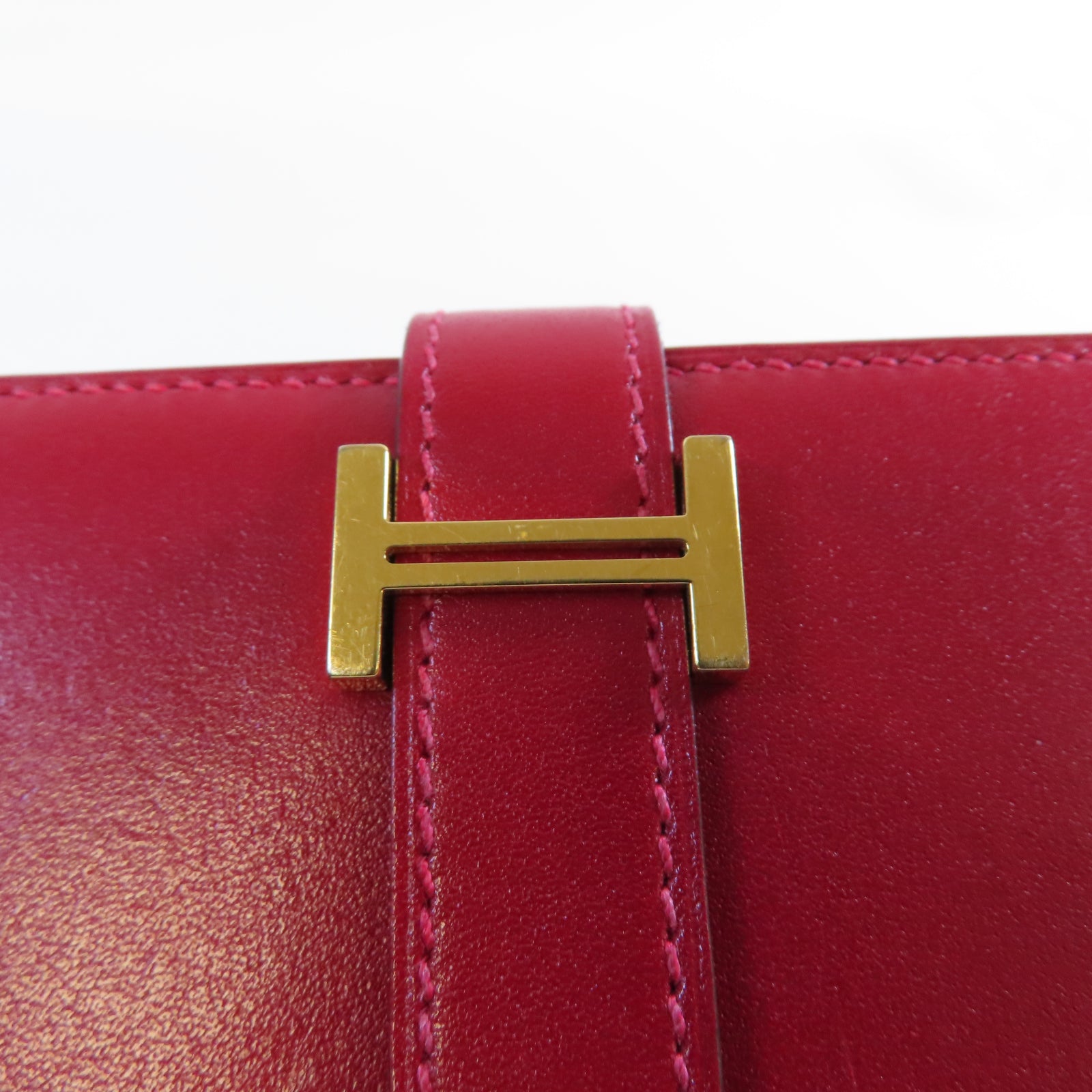 HERMES **【清倉大減價】Box Calf皮革Bearn Compact Wallet金扣錢包Rouge Casaque法拉利紅色
