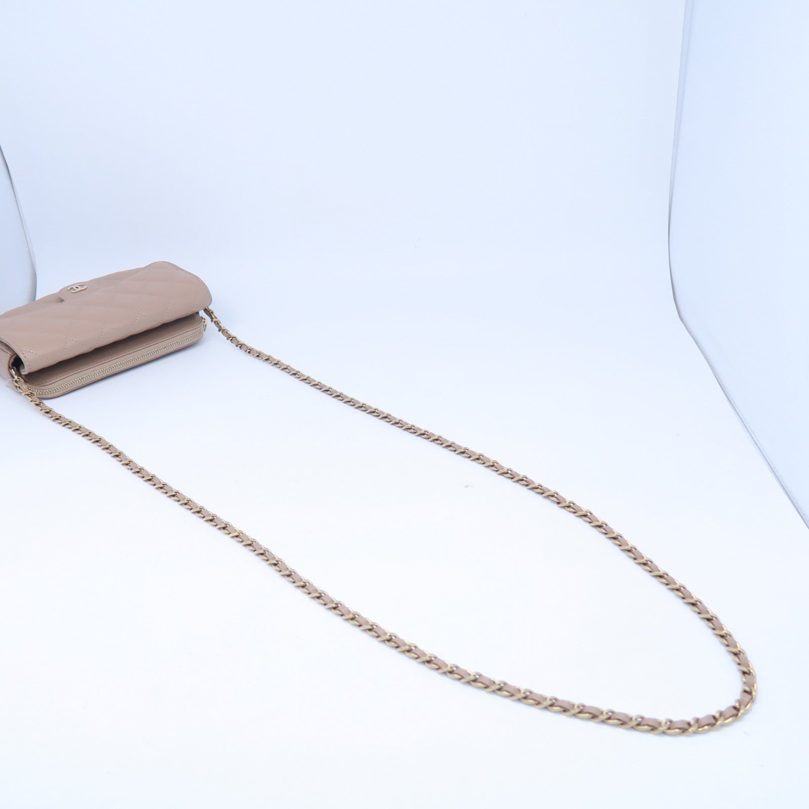 CHANEL 【激減優惠】Caviar皮革Phone Holder With Chain金扣鏈帶肩背袋奶茶色