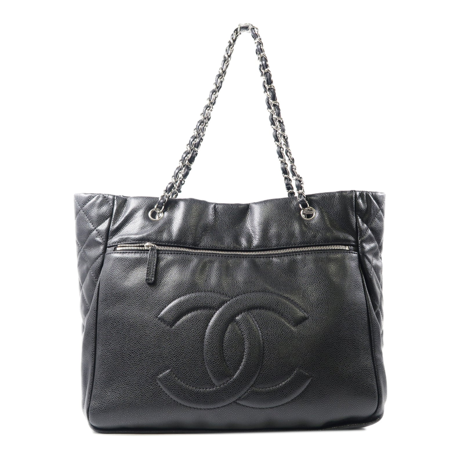 CHANEL 牛皮皮革Tote Bag銀扣鏈帶肩背袋黑色