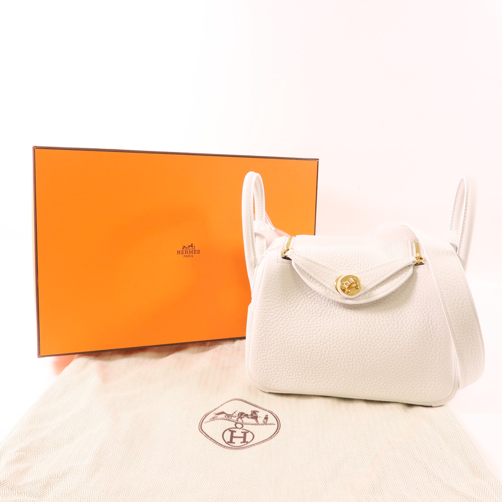 HERMES 【激減優惠】Clemence皮革Mini Lindy金扣手挽肩背兩用袋New White