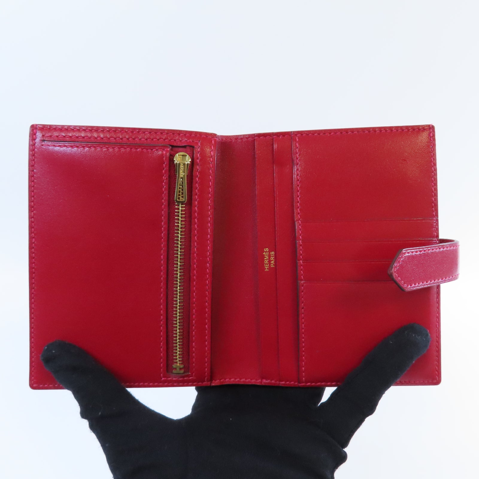 HERMES **【清倉大減價】Box Calf皮革Bearn Compact Wallet金扣錢包Rouge Casaque法拉利紅色