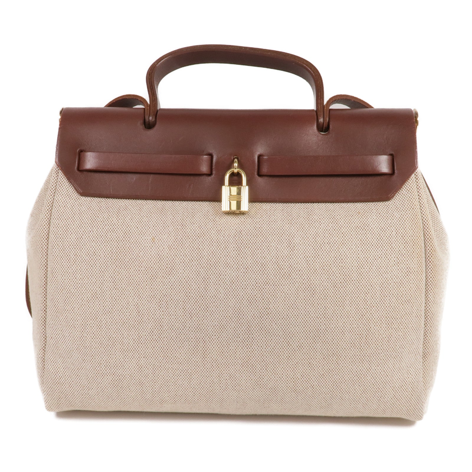 HERMES Toile H帆布/皮革Herbag PM金扣手挽肩背兩用袋