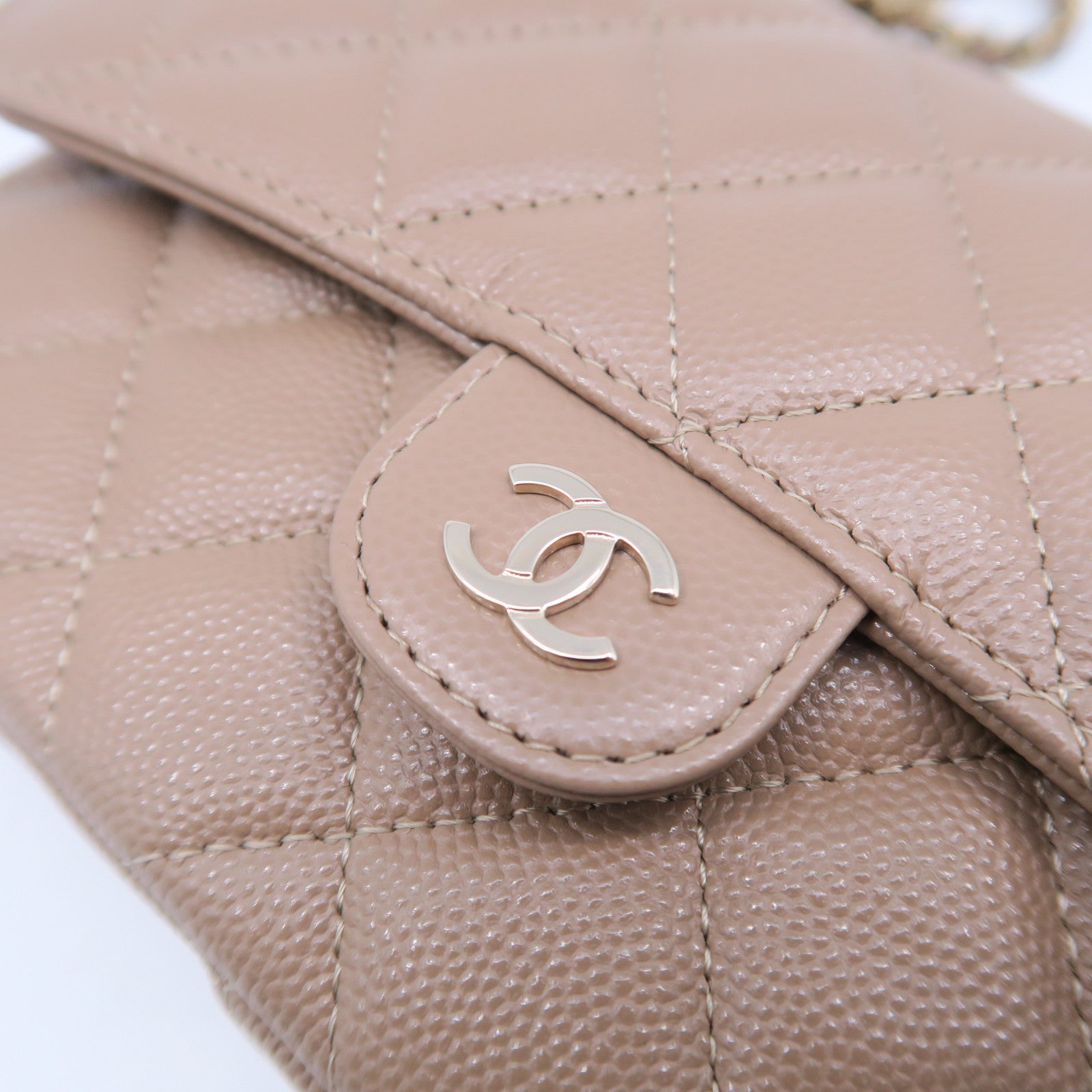 CHANEL 【激減優惠】Caviar皮革Phone Holder With Chain金扣鏈帶肩背袋奶茶色