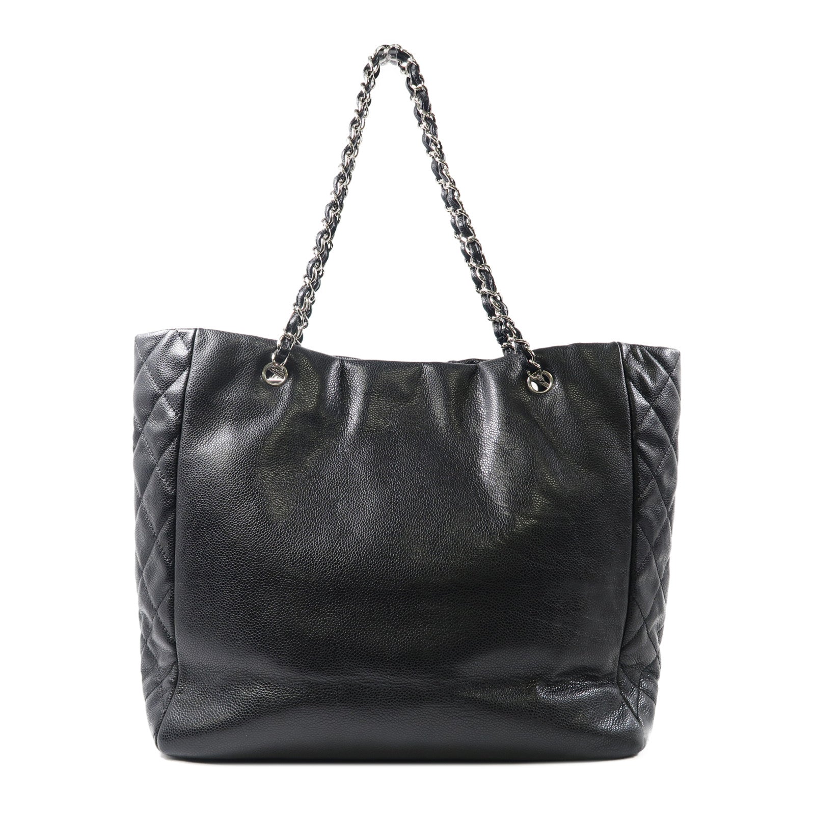 CHANEL 牛皮皮革Tote Bag銀扣鏈帶肩背袋黑色