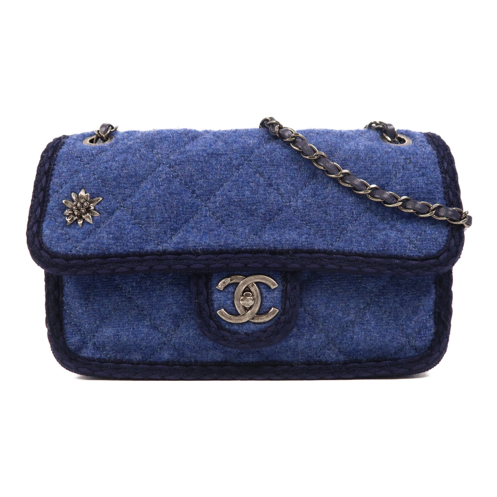CHANEL 羊毛Chain Shoulder銀扣鏈帶肩背袋