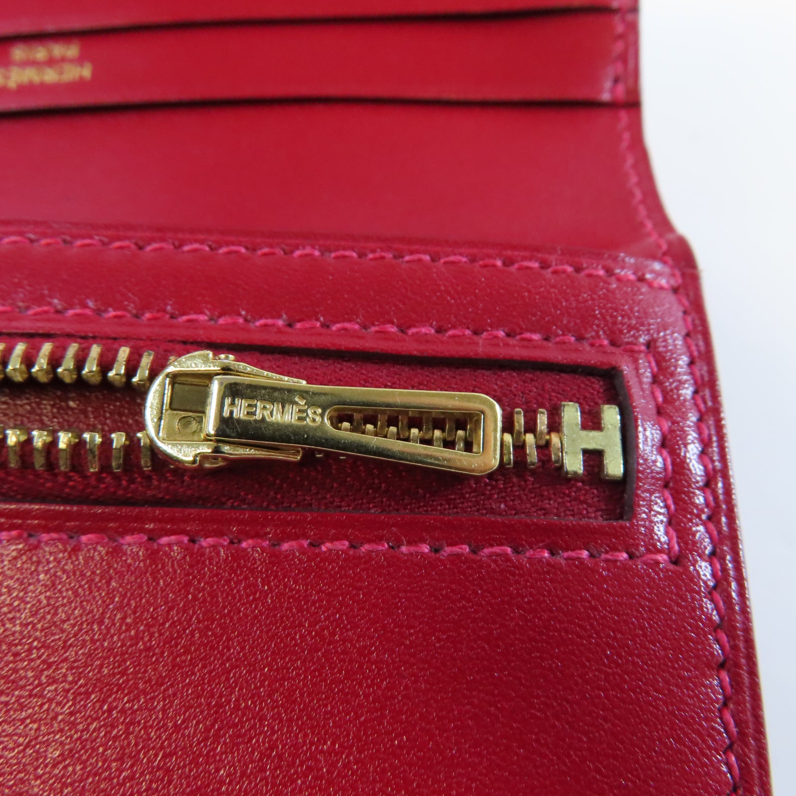 HERMES **【清倉大減價】Box Calf皮革Bearn Compact Wallet金扣錢包Rouge Casaque法拉利紅色