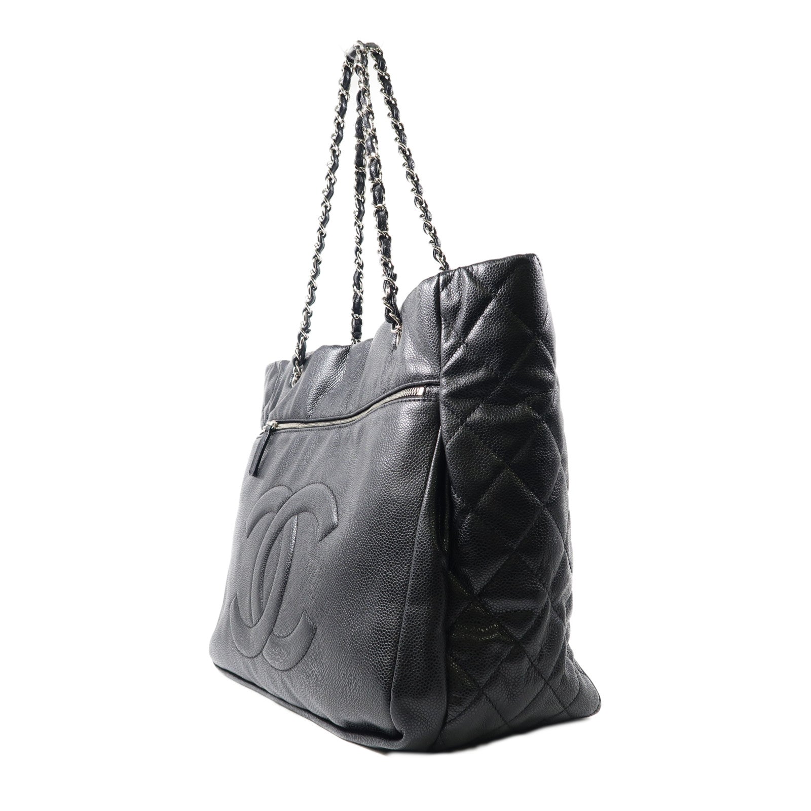 CHANEL 牛皮皮革Tote Bag銀扣鏈帶肩背袋黑色