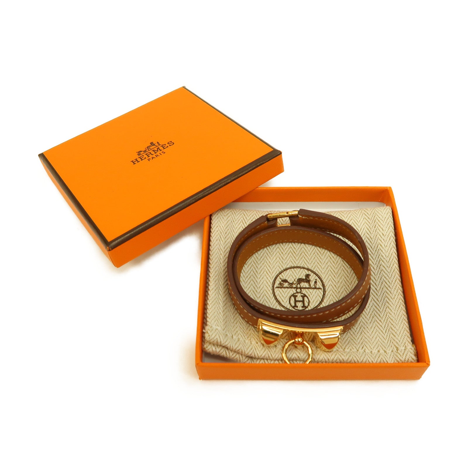 HERMES Swift皮革Rivale Double Tour金扣手鐲Gold/金棕色