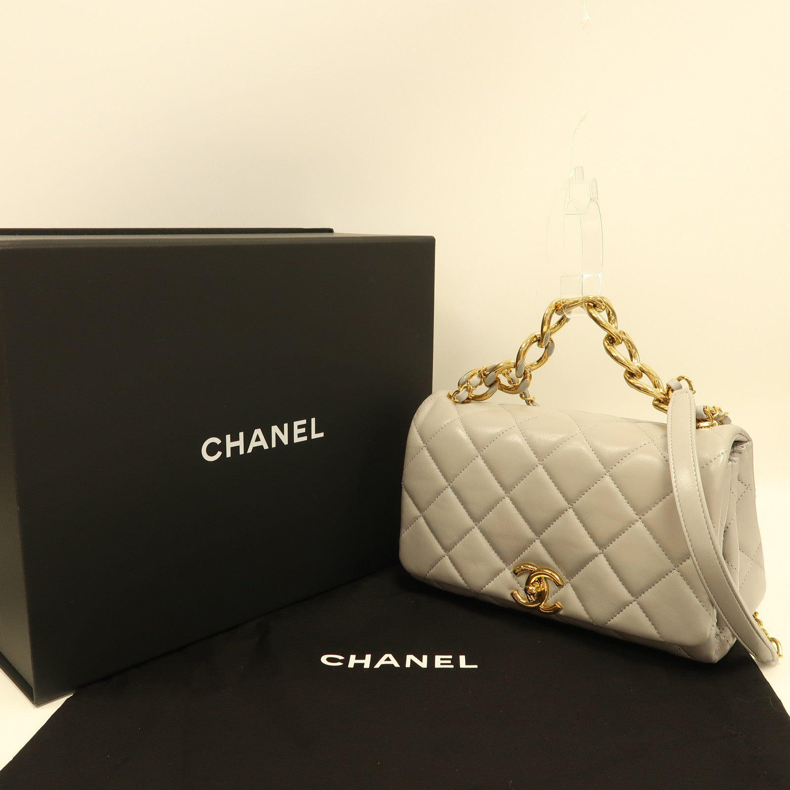 CHANEL 菱格羊皮皮革Shoulder Bag金扣手挽肩背兩用袋灰色
