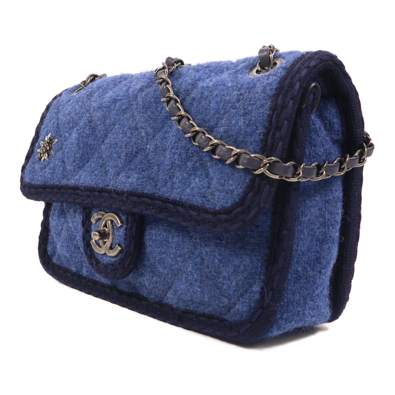 CHANEL 羊毛Chain Shoulder銀扣鏈帶肩背袋