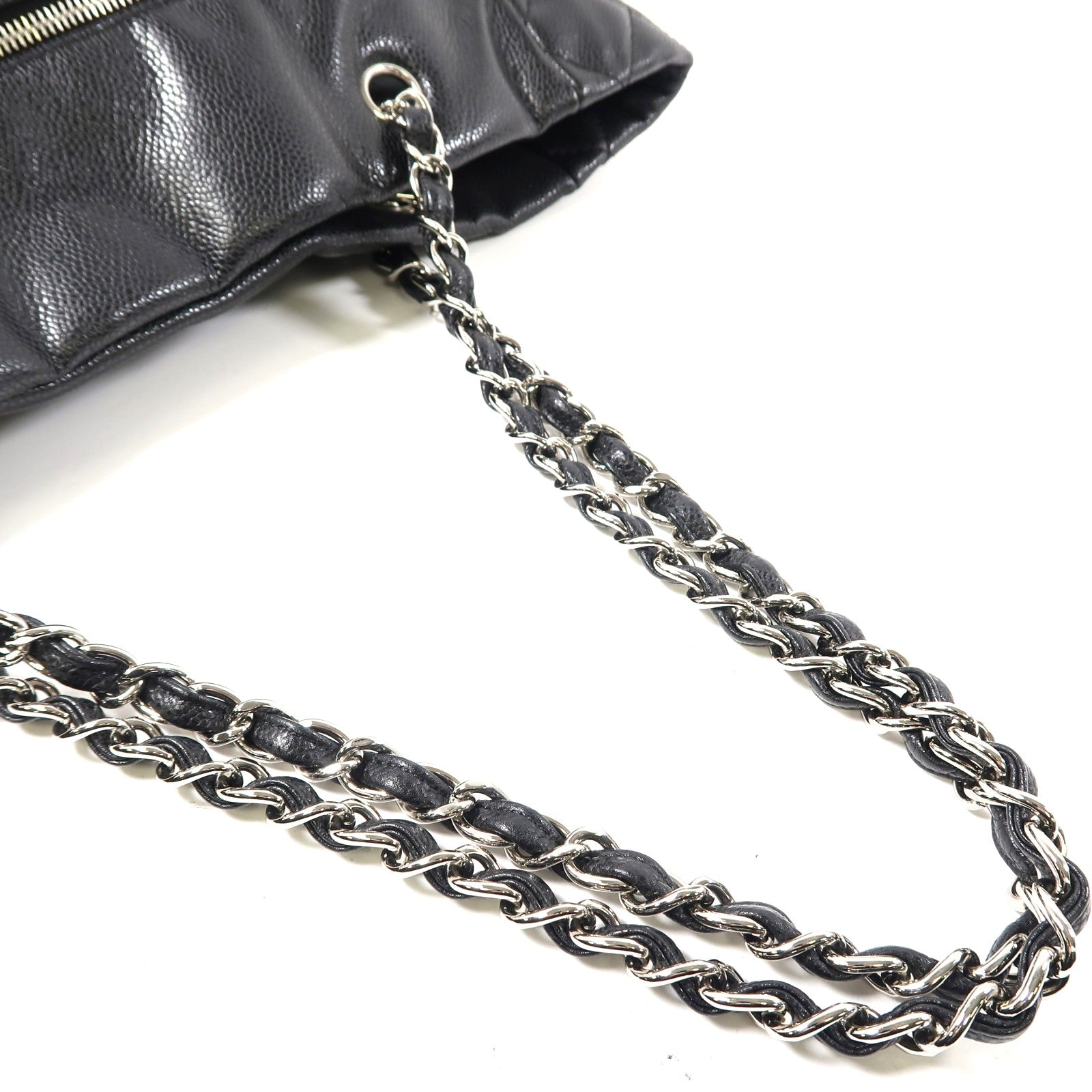 CHANEL 牛皮皮革Tote Bag銀扣鏈帶肩背袋黑色