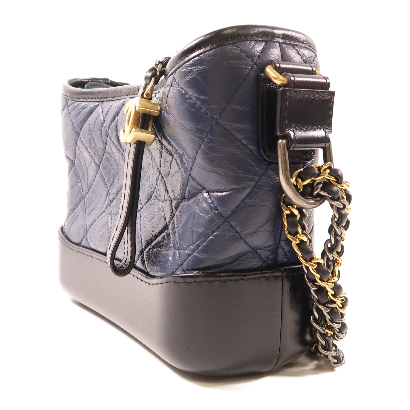 CHANEL 牛皮皮革Gabrielle鏈帶肩背袋深藍色/黑色