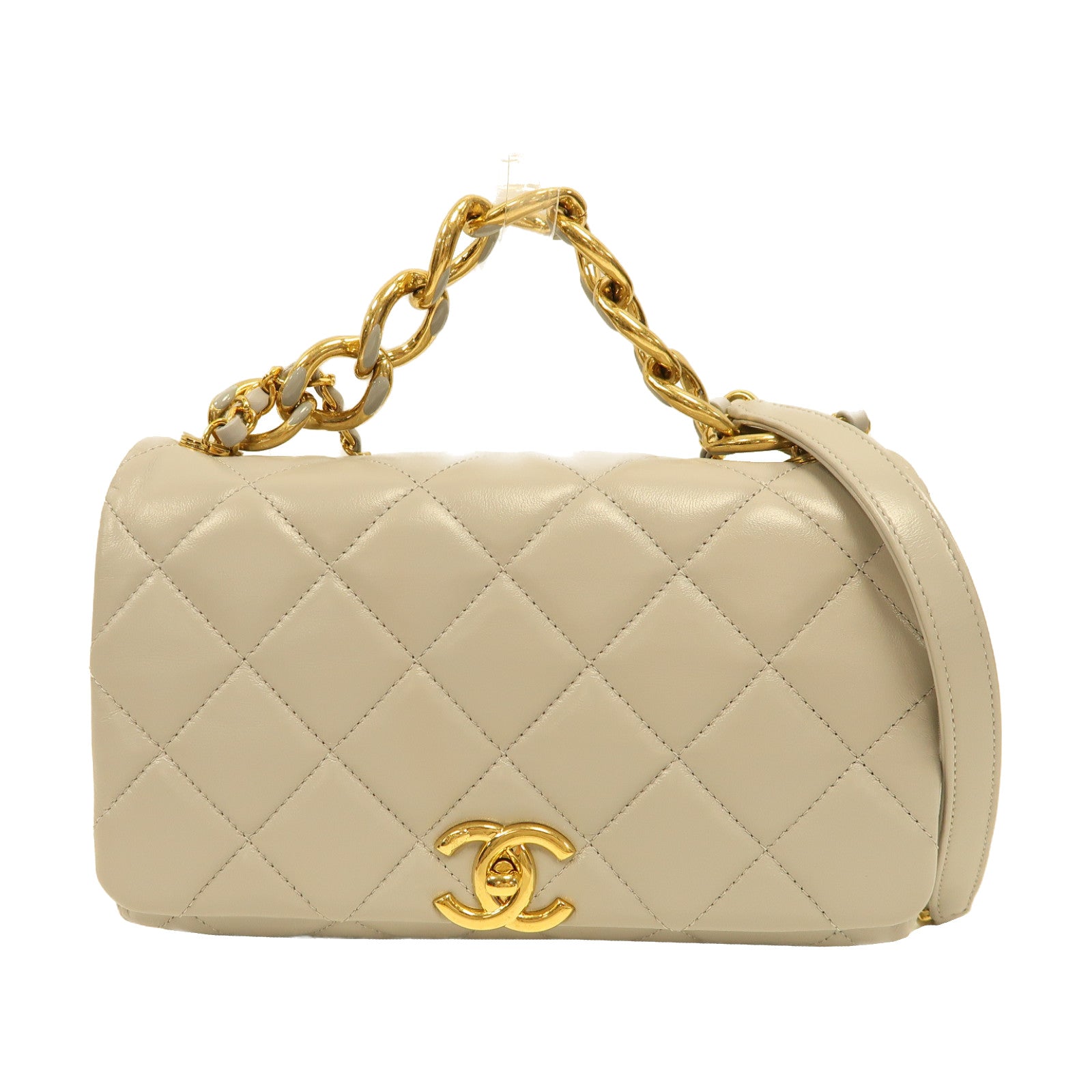 CHANEL 菱格羊皮皮革Shoulder Bag金扣手挽肩背兩用袋灰色