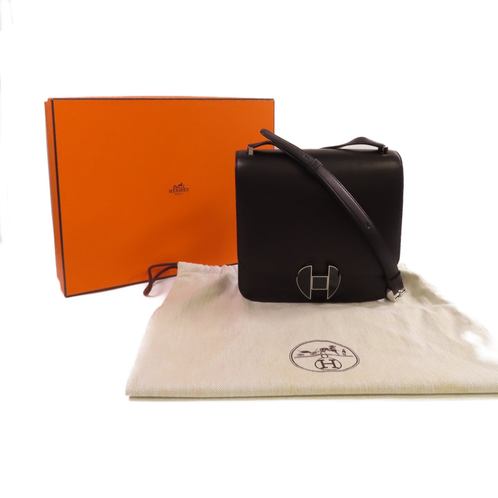 HERMES Evercolor皮革2002 Shoulder Bag銀扣肩背袋Noir黑色