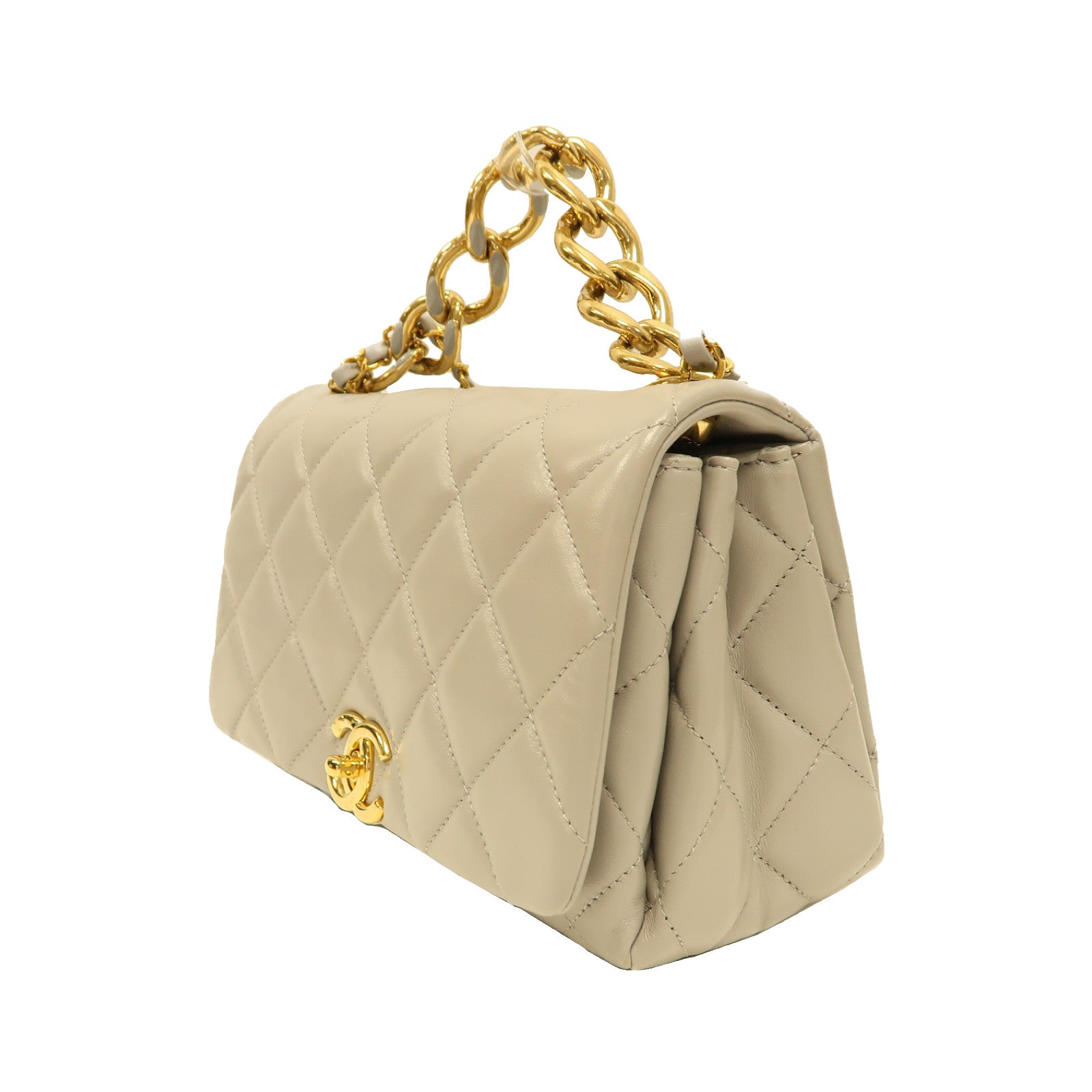 CHANEL 菱格羊皮皮革Shoulder Bag金扣手挽肩背兩用袋灰色