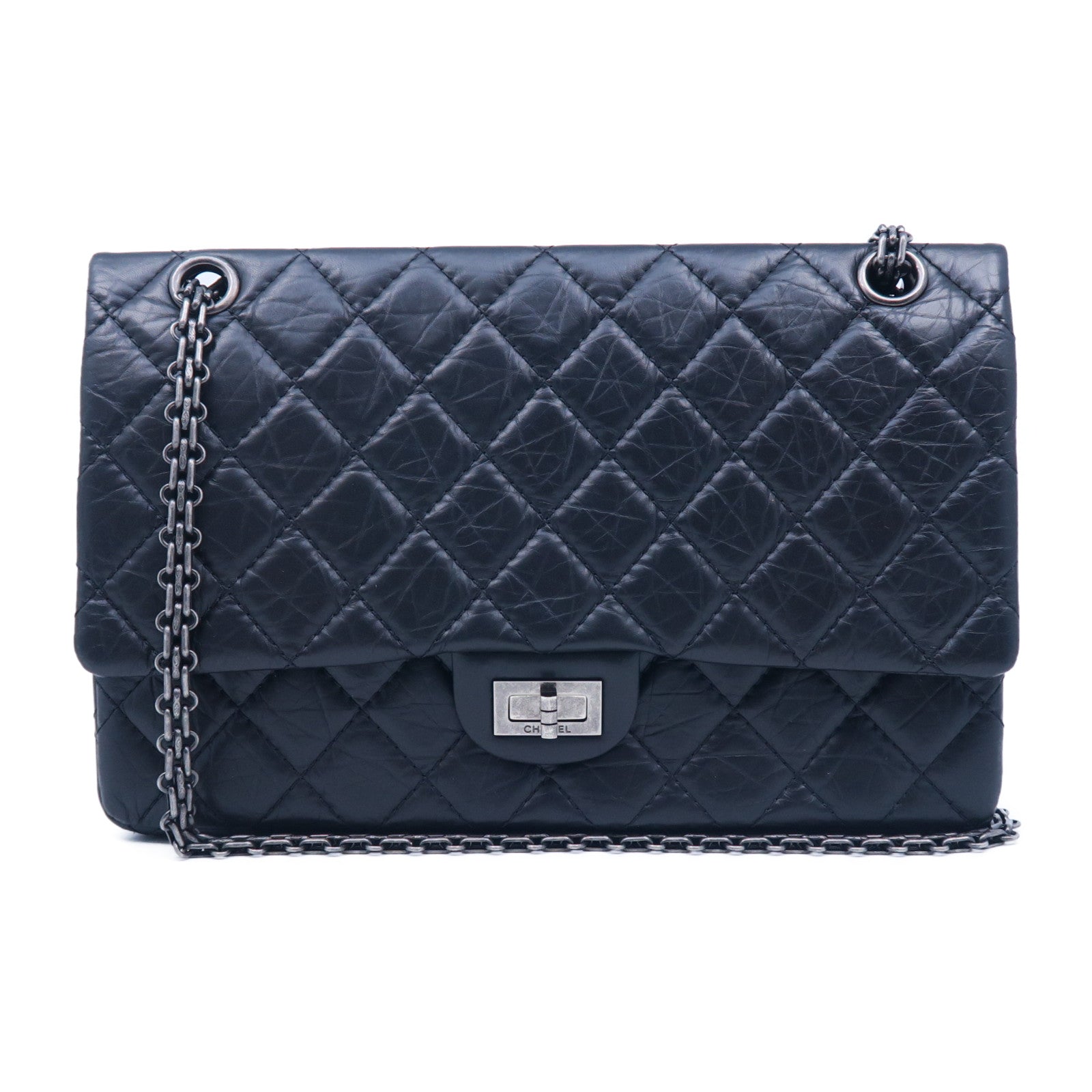 CHANEL 【激減優惠】Caviar皮革2.55 Medium銀扣鏈帶肩背袋黑色