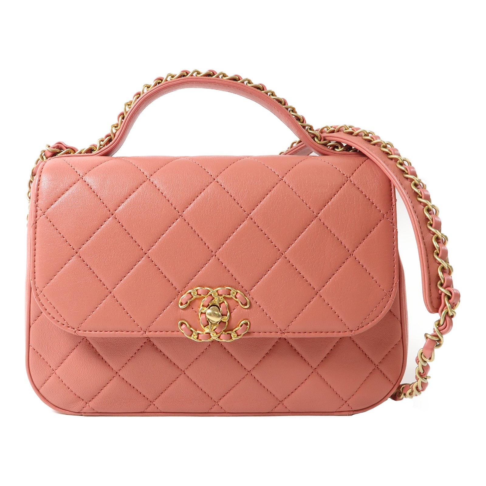 CHANEL 菱格牛皮皮革Top Handle Messenger金扣手挽鏈帶肩背兩用袋粉紅色