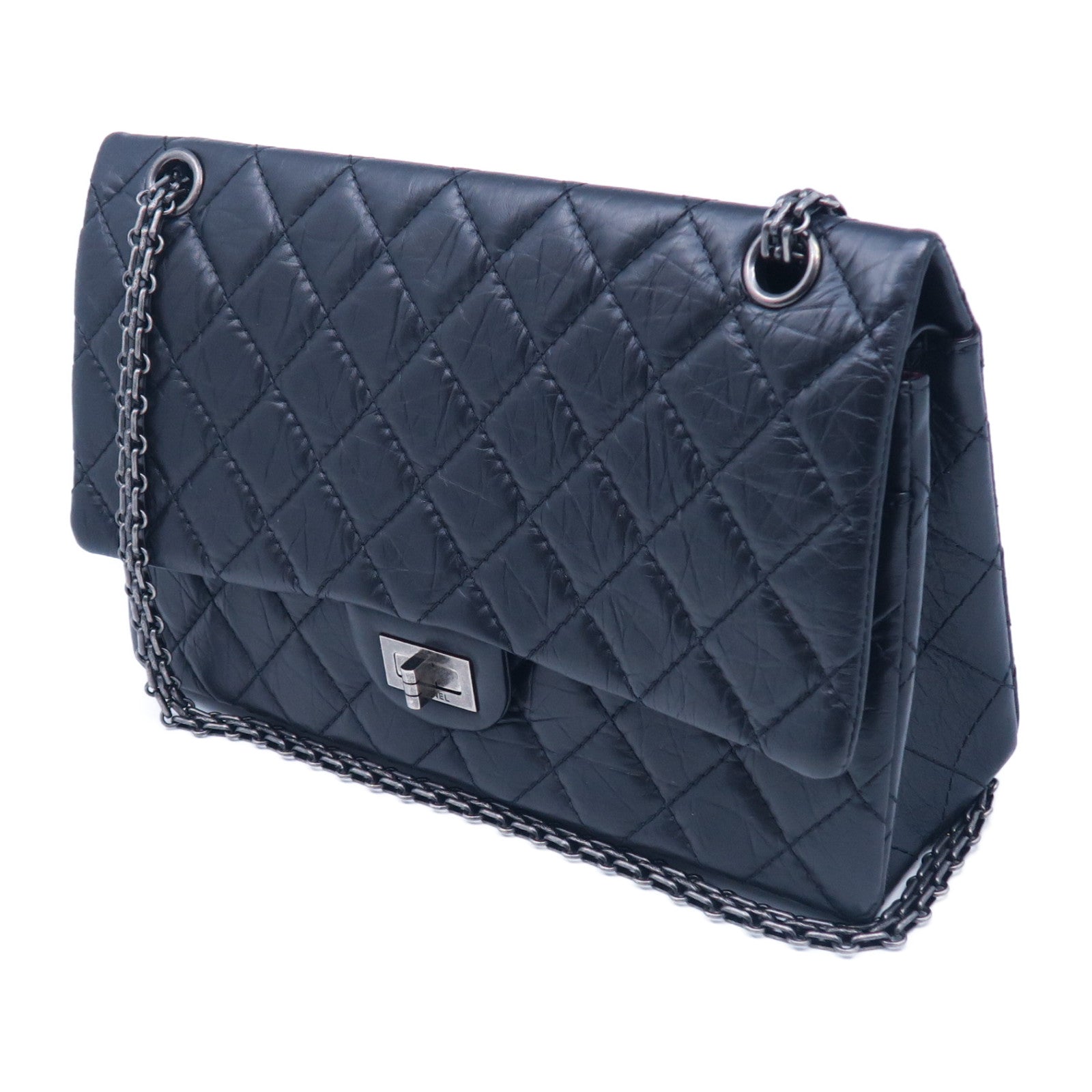 CHANEL 【激減優惠】Caviar皮革2.55 Medium銀扣鏈帶肩背袋黑色